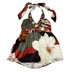 Voom by Joy Han Halter Floral Patchwork Babydoll Top Brown Boho Y2K Small